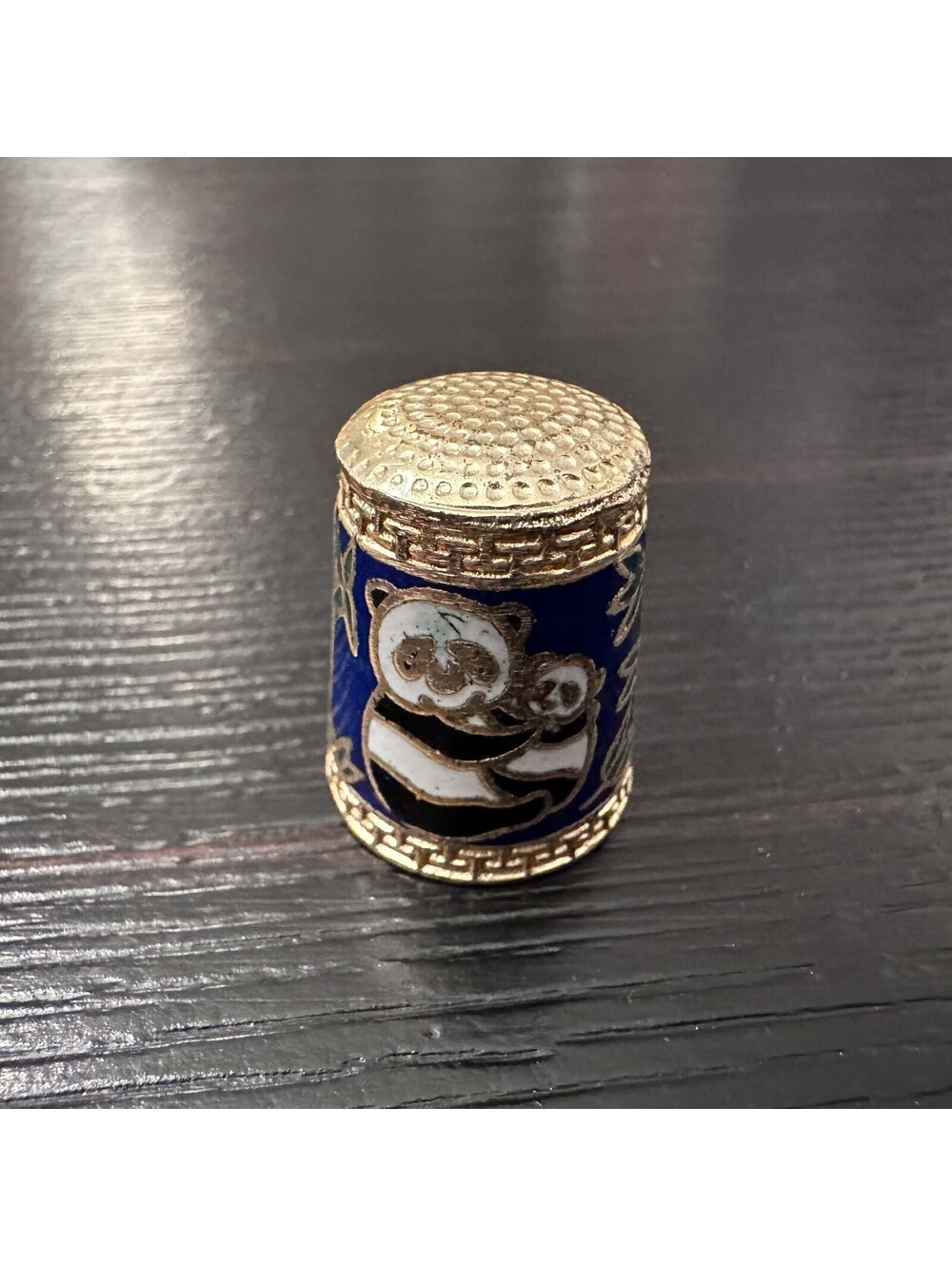 Panda Bear Bamboo Cloisonne Enamel Metal Thimble Blue Green Collectible VGC